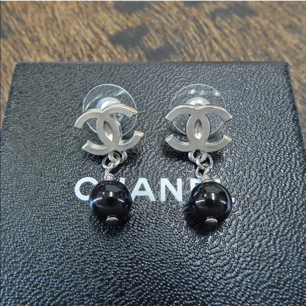 Chanel Silver Plated Cc Logos Black Charm Earrings